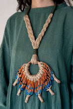 Load image into Gallery viewer, Goulu statement jute necklace with brown and blue beads