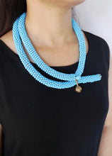 Load image into Gallery viewer, Goulu Statement Necklace Blue Beads With Brass Bell