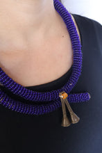 Load image into Gallery viewer, Goulu Statement Necklace Dark Blue Beads With Brass Bells