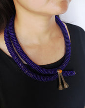 Load image into Gallery viewer, Goulu Statement Necklace Dark Blue Beads With Brass Bells
