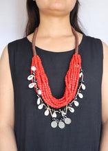 Load image into Gallery viewer, Goulu Statement Necklace With Red Beads, Shell And Coins