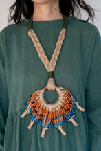 Load image into Gallery viewer, Goulu statement jute necklace with brown and blue beads

