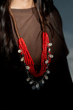 Load image into Gallery viewer, Goulu statement bunch necklace in red glass beads and shells
