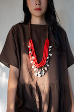 Load image into Gallery viewer, Goulu statement bunch necklace in red glass beads and shells
