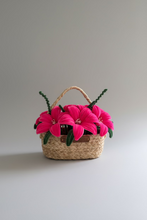 Load image into Gallery viewer, Handmade flower banana fibre basket with pink flowers and green leaves 
