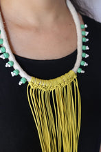 Load image into Gallery viewer, Goulu Statement Necklace Yellow Natural String with Green Beads
