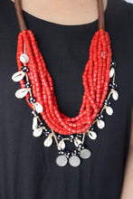 Load image into Gallery viewer, Goulu Statement Necklace With Red Beads, Shell And Coins
