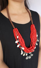 Load image into Gallery viewer, Goulu Statement Necklace With Red Beads, Shell And Coins

